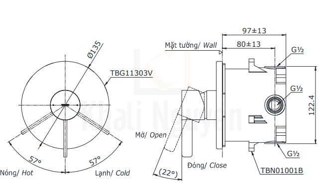 Bản Vẽ Van Điều Chỉnh Nóng Lạnh TOTO TBG11303V/TBN01001B 1 Đường Nước