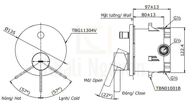 Bản Vẽ Van Điều Chỉnh Nóng Lạnh TOTO TBG11304V/TBN01001B 2 Đường Nước