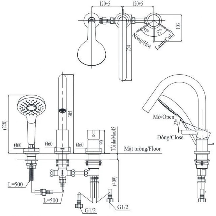 Bản vẽ vòi xả bồn tắm TOTO 3 lỗ  TBG11305AA#MBL