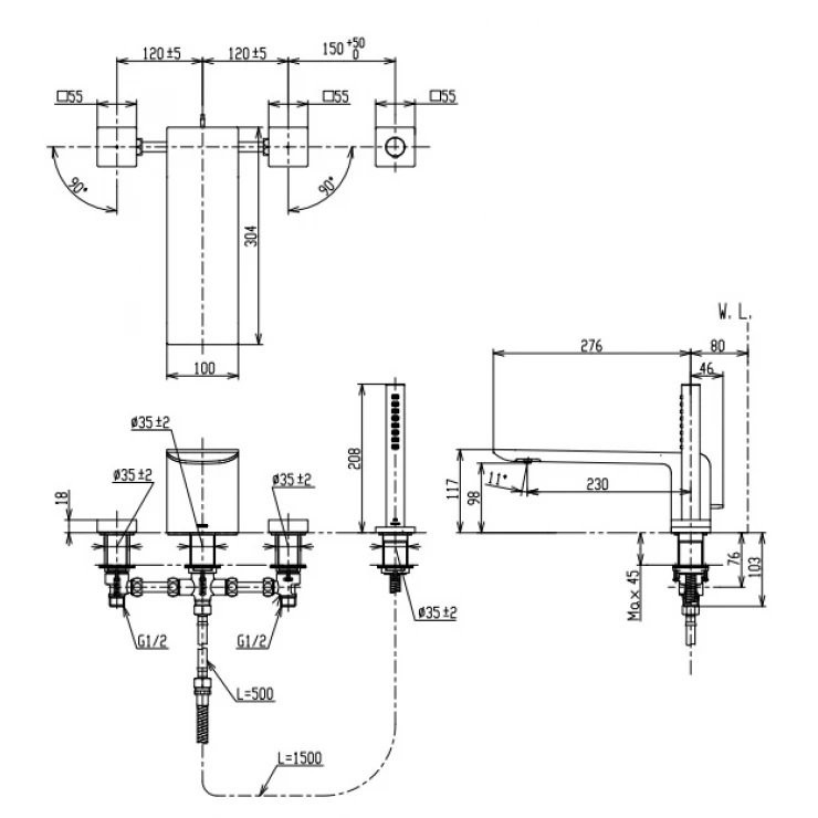 Bản vẽ vòi xả bồn tắm TOTO TBP02202A#MBL nóng lạnh