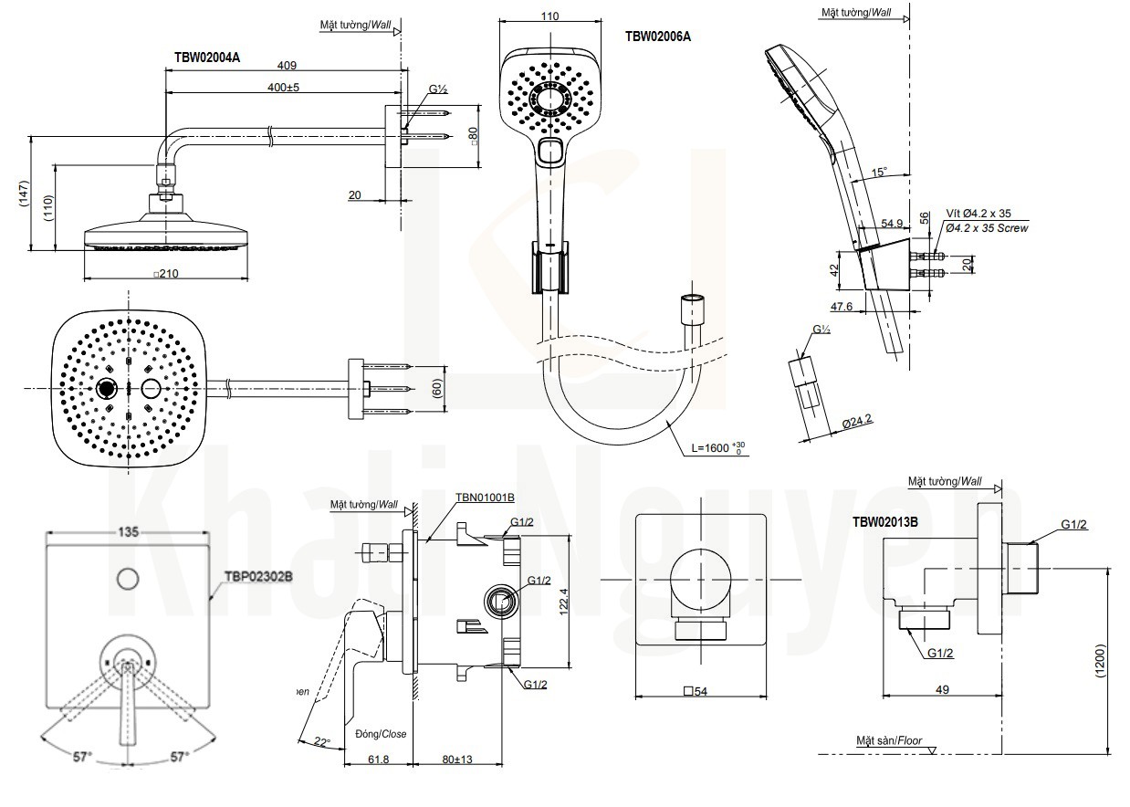 Bản Vẽ  Sen Tắm TOTO TBP02302B/TBW02004A/TBW02006A Âm Tường