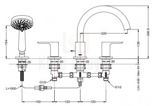 Bản Vẽ Vòi Xả Bồn Tắm TOTO TBS01202B 4 Lỗ
