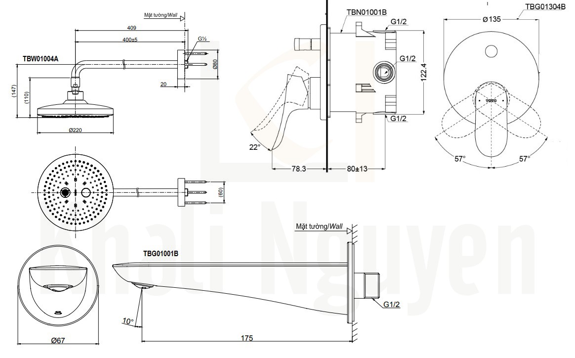 Bản vẽ Sen Tắm TOTO TBS01304B/TBW01004A/TBG01001B Âm Tường Xả Bồn