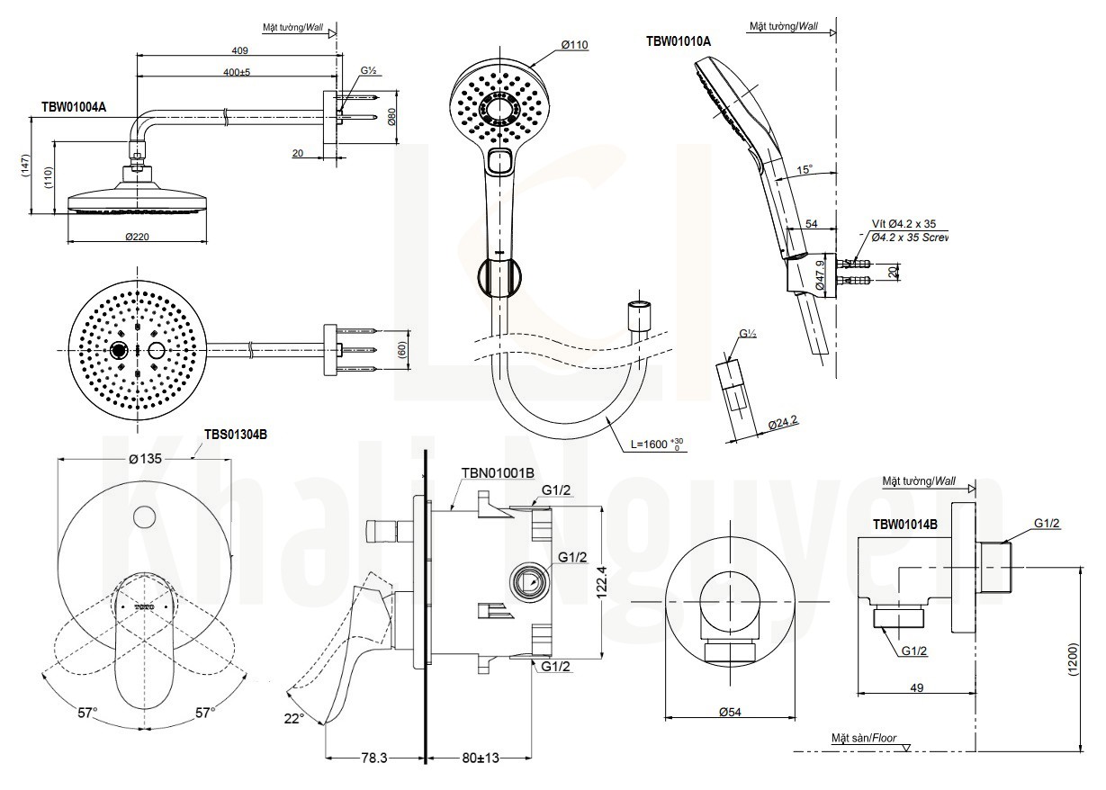 Bản Vẽ Sen Tắm TOTO TBS01304B/TBW01004A/TBW01010A Âm Tường