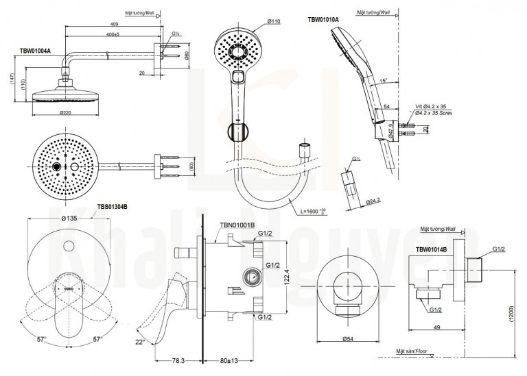 Bản Vẽ Sen Tắm TOTO TBS01304B/TBW01004A/TBW01010A Âm Tường