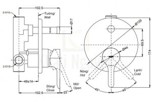 Bản Vẽ Van Điều Chỉnh Nóng Lạnh TOTO TBS01304B Kèm Nút Chuyển Hướng
