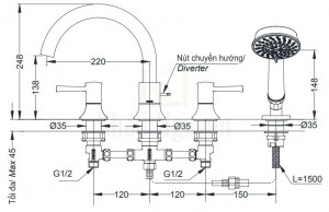 Bản Vẽ Vòi Xả Bồn Tắm TOTO TBS02202B 4 Lỗ