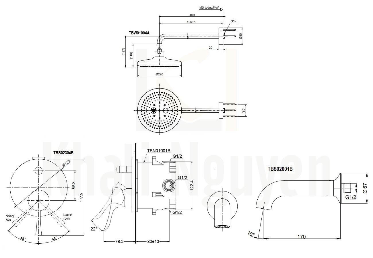 Bản Vẽ Sen Tắm TOTO TBS02304B/TBW01004A/TBS02001B Âm Tường Xả Bồn