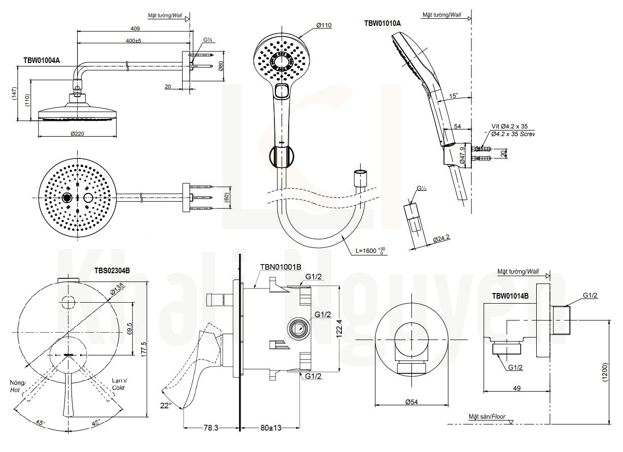 Bản Vẽ Sen Tắm TOTO TBS02304B/TBW01004A/TBW01010A Âm Tường