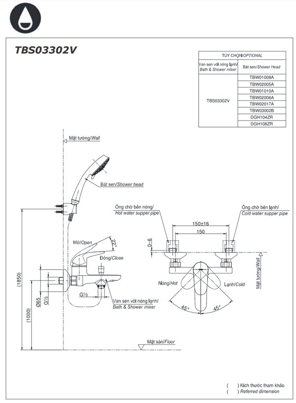 Bản vẽ củ sen tắm nóng lạnh TOTO TBS03302V