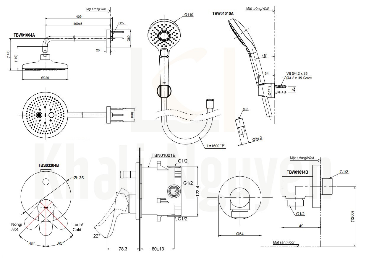 Bản Vẽ Sen Tắm TOTO TBS03304B/TBW01004A/TBW01010A Âm Tường