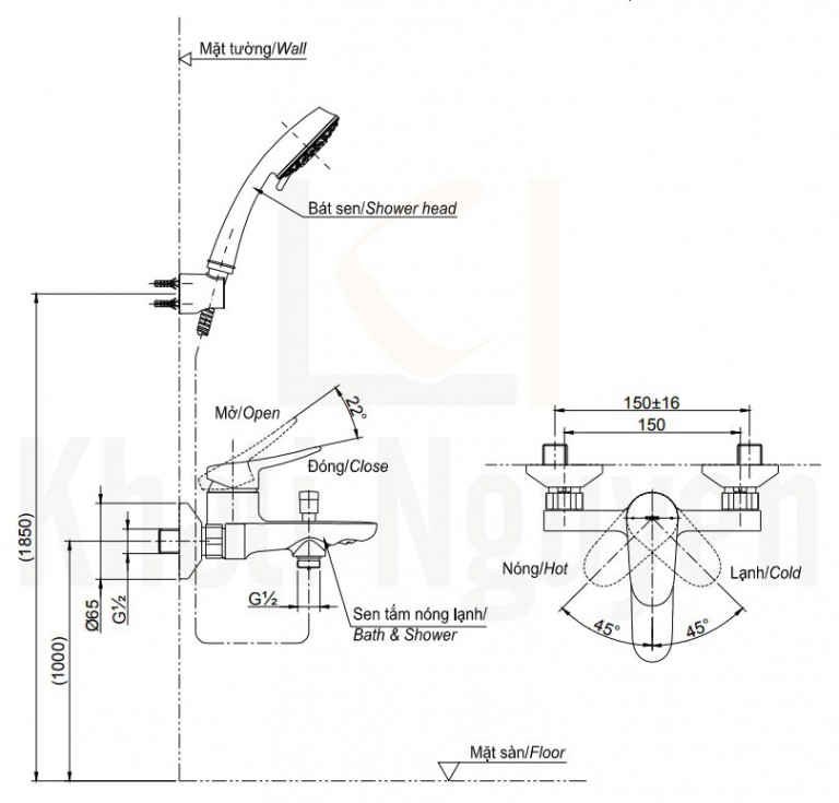 Bản Vẽ Sen Tắm TOTO TBS04302V/TBW01008A Nóng Lạnh