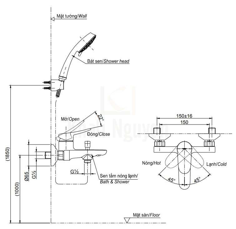 Bản Vẽ Sen Tắm TOTO TBS04302V/TBW02005A Nóng Lạnh 