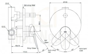 Bản Vẽ Van Điều Chỉnh Nóng Lạnh TOTO TBS04304B Kèm Nút Chuyển Hướng