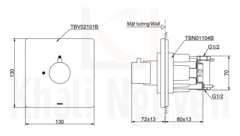 Bản Vẽ Van Dừng Kèm Phụ Kiện Âm Tường TOTO TBV02101B/TBN01104B