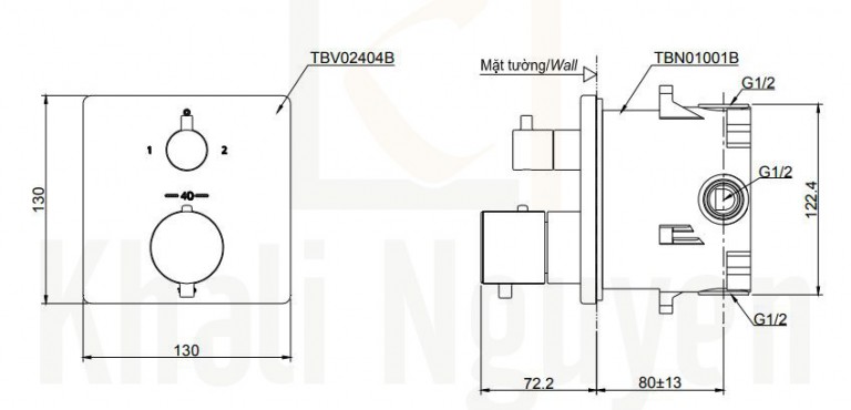 Bản Vẽ Van Điều Chỉnh Nhiệt Độ TOTO TBV02404B/TBN01001B