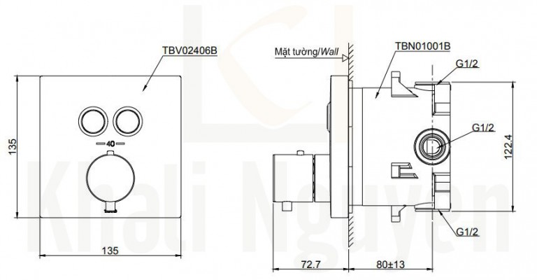 Bản Vẽ Van Điều Chỉnh Nhiệt Độ TOTO TBV02406B/TBN01001B Nút Nhấn