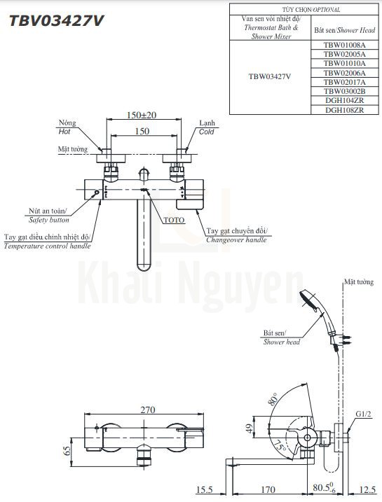 Bản Vẽ Sen Tắm Nhiệt Độ TOTO TBV03427V/TBW02017A Xả Bồn