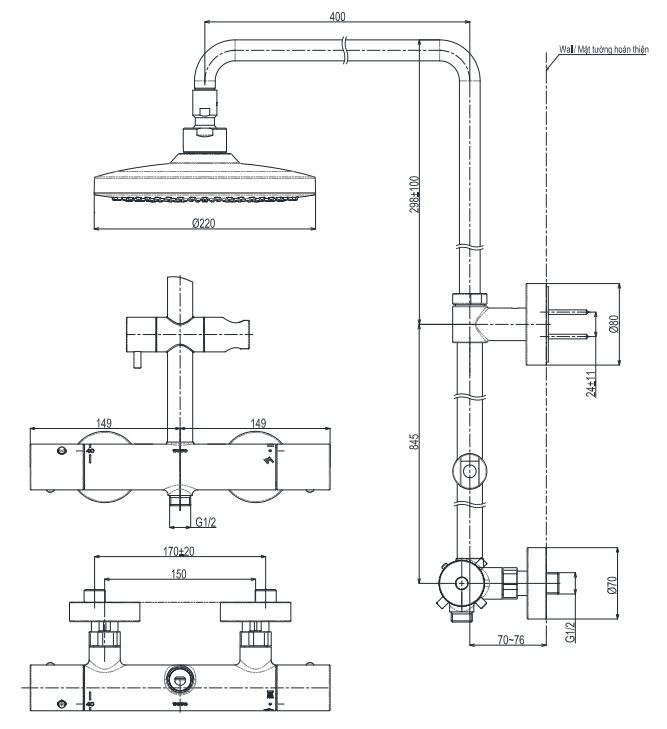 Bản vẽ sen cây nhiệt độ TOTO TBW01404AA