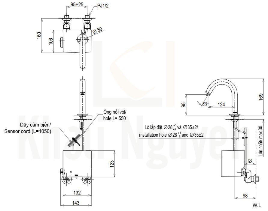 Bản Vẽ Vòi Cảm Ứng Lavabo TOTO TENA22AW/TVLF405 Nhiệt Độ