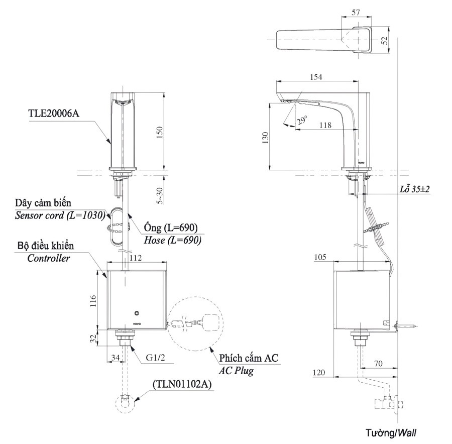 Bản vẽ vòi lavabo TOTO TLE21006A cảm ứng tự động