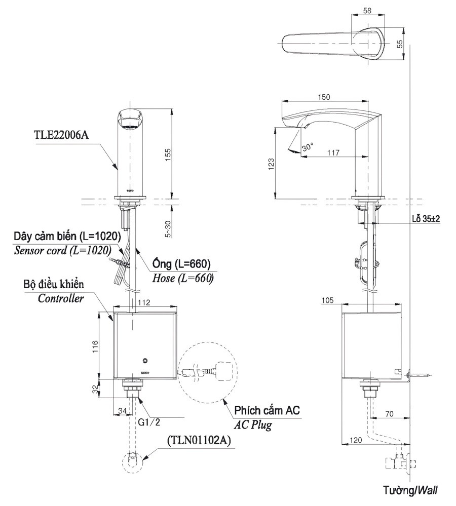 Bản vẽ vòi lavabo TOTO TLE22006A cảm ứng