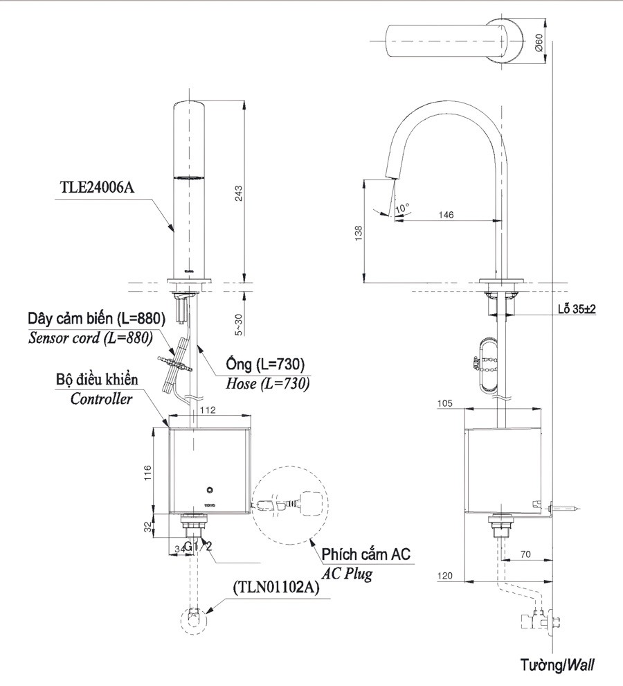 Bản vẽ vòi lavabo TOTO TLE24006A cổ cao cảm ứng