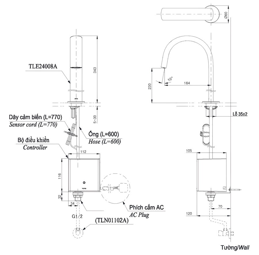 Bản vẽ vòi lavabo TOTO TLE24008A