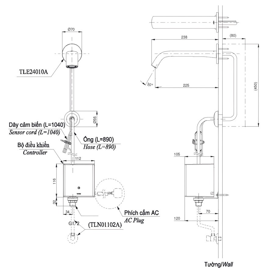 Bản vẽ vòi lavabo TOTO TLE24010A cảm ứng