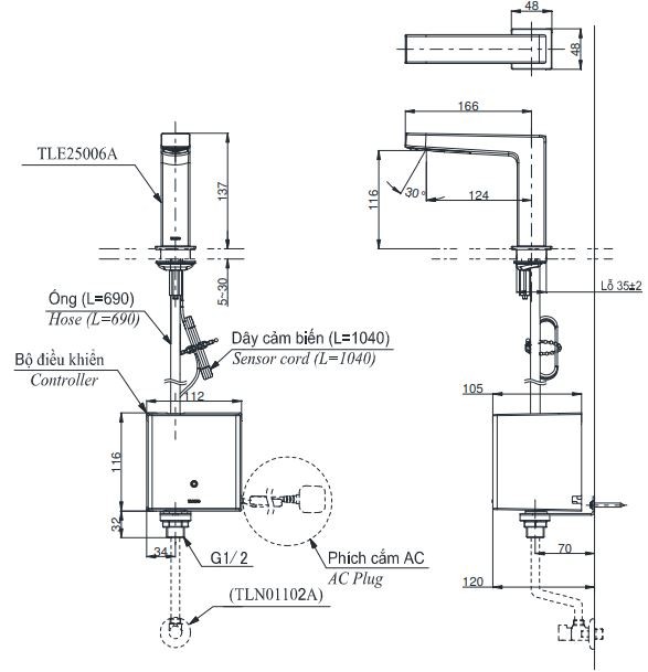 Bản vẽ vòi lavabo TOTO TLE25006A cảm ứng tự động