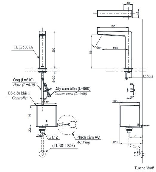 Bản vẽ vòi lavabo TOTO TLE25008A cảm ứng tự động, thân cao