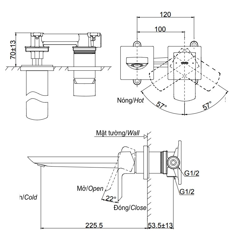 Bản vẽ vòi lavabo TOTO gắn tường TLG02311BB