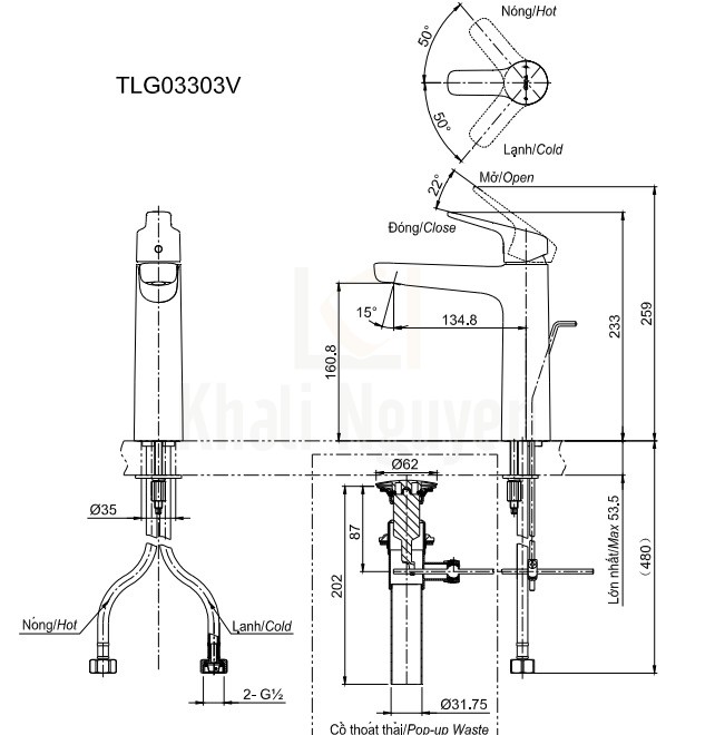 Bản Vẽ Vòi Lavabo TOTO TLG03303V Nóng Lạnh Cổ Cao