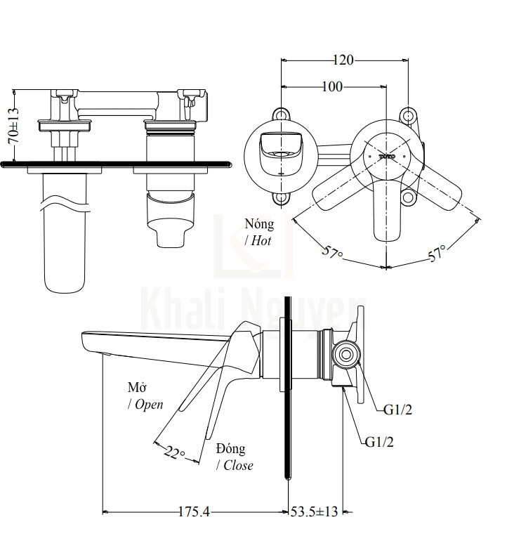 Bản Vẽ Vòi Lavabo TOTO TLG03307B Nóng Lạnh Gắn Tường