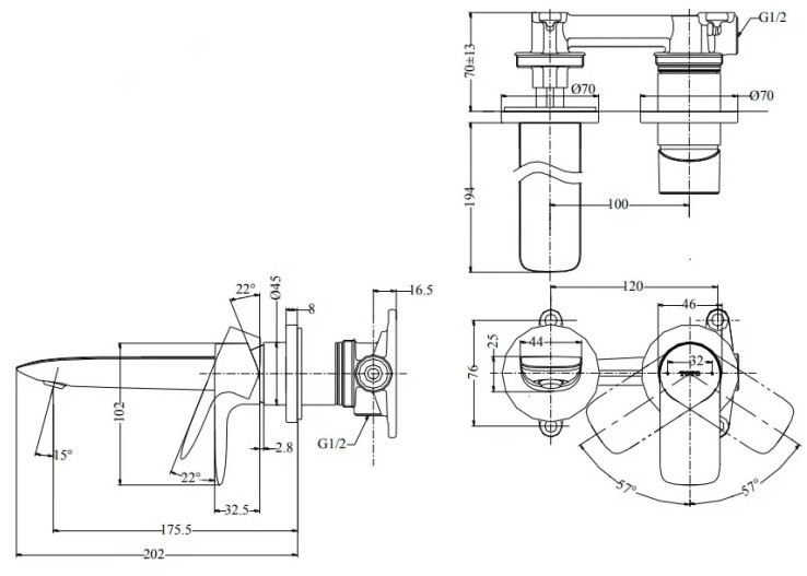 Bản vẽ vòi lavabo TOTO gắn tường TLG04309BB#MBL