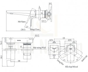 Bản Vẽ Vòi Lavabo TOTO TLG07307B Nóng Lạnh Gắn Tường