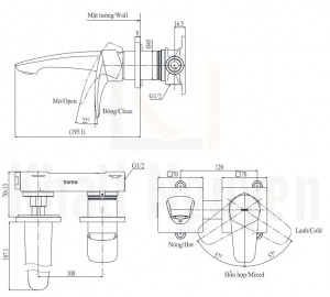 Bản Vẽ Vòi Lavabo TOTO TLG09307B Nóng Lạnh Gắn Tường