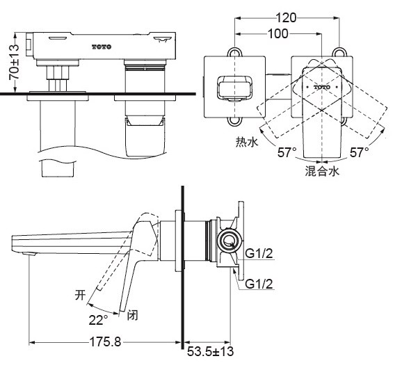 Bản vẽ vòi lavabo TOTO gắn tường TLG10307BB#MBL