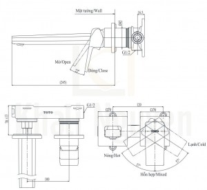 Bản Vẽ Vòi Lavabo TOTO TLG10308B Nóng Lạnh Gắn Tường