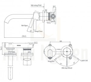 Bản Vẽ Vòi Lavabo TOTO TLG11308B Nóng Lạnh Gắn Tường