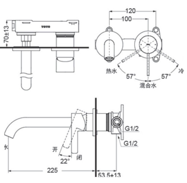 Bản vẽ vòi lavabo TOTO gắn tường TLG11308BA#MBL