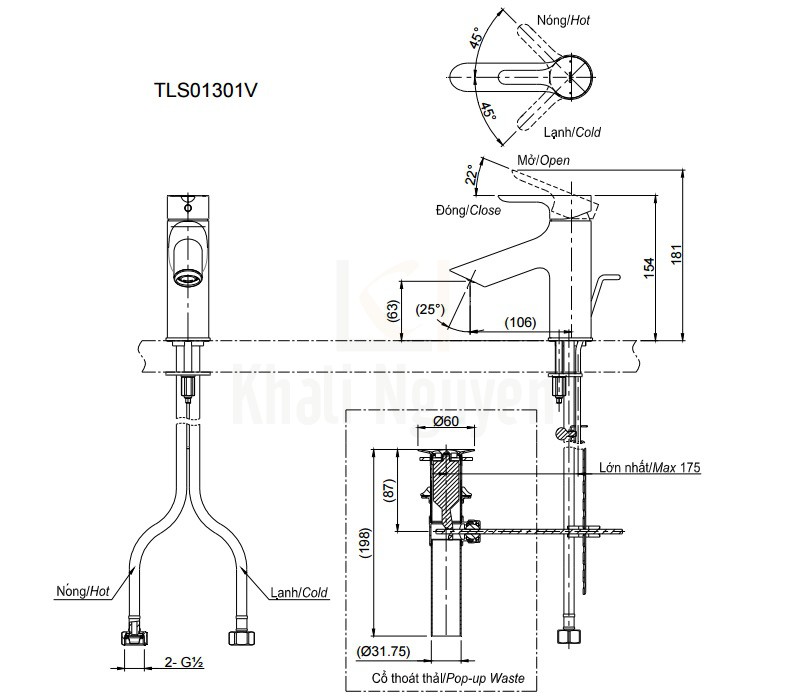 Bản Vẽ Vòi Lavabo TOTO TLS01301V Nóng Lạnh