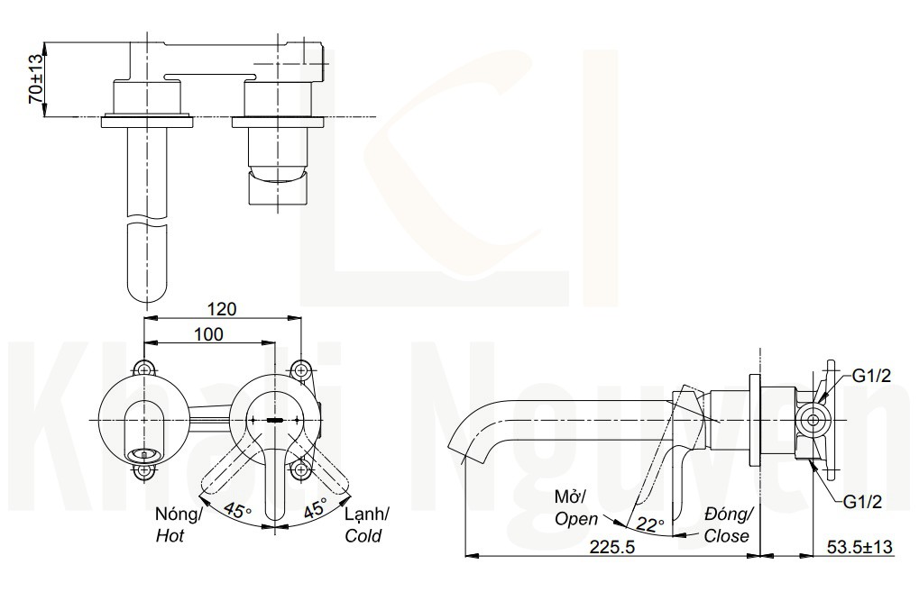 Bản Vẽ Vòi Lavabo TOTO TLS01310B Nóng Lạnh Gắn Tường