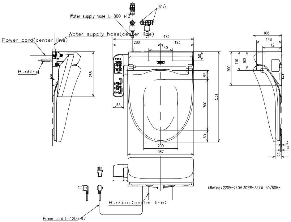 Bản vẽ nắp rửa điện tử Washlet TOTO TCF23710AAA