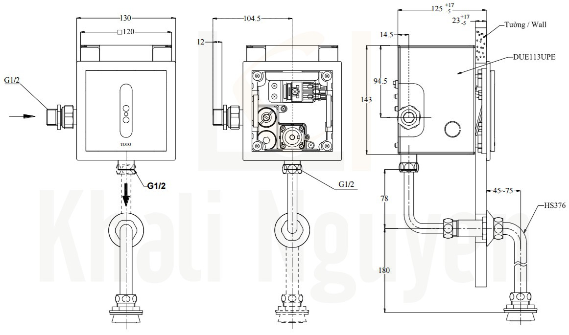 Bản Vẽ Van Xả Tiểu Cảm Ứng TOTO TTUE602AN 220V Âm Tường