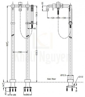 Bản Vẽ Vòi Sen Xả Bồn Tắm TOTO TX445SESV3 Đặt Sàn