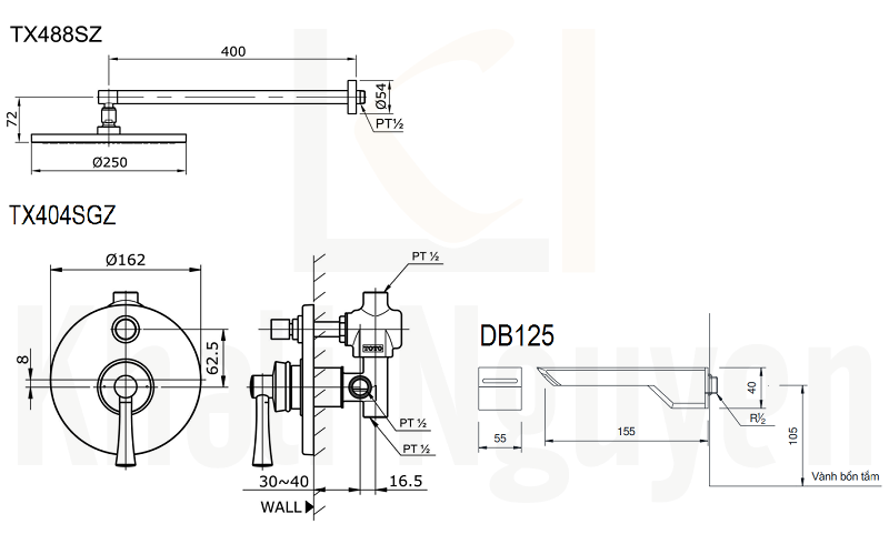 Bản Vẽ Sen Tắm TOTO TX488SZ/TX404SGZ/DB125 Âm Tường