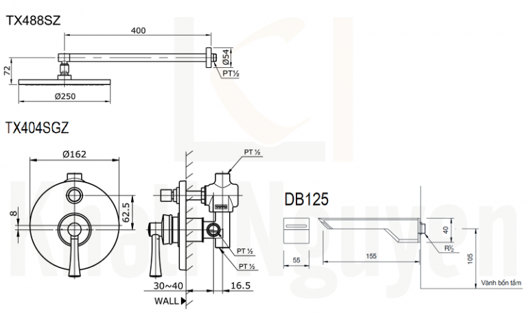 Bản Vẽ Sen Tắm TOTO TX488SZ/TX404SGZ/DB125 Âm Tường