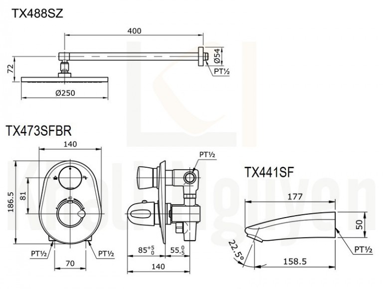 Bản Vẽ Sen Tắm TOTO TX488SZ/TX473SFBR/TX441SF Âm Tường