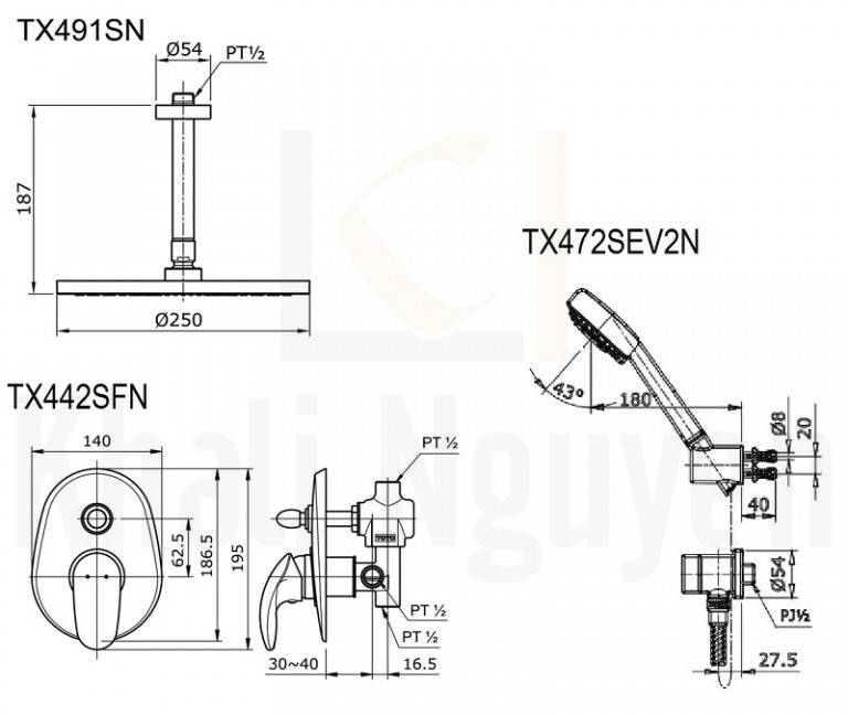 Bản Vẽ Sen Tắm TOTO TX491SN/TX442SFN/TX472SEV2N Âm Tường